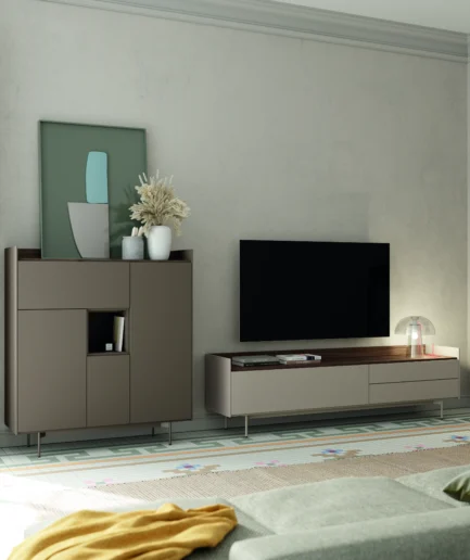 Composición de Lagrama con módulos suspendidos, combinación de acabados neutros y diseño contemporáneo para salón.