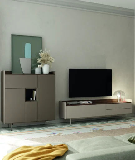 Composición de Lagrama con módulos suspendidos, combinación de acabados neutros y diseño contemporáneo para salón.