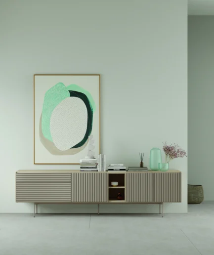 Mueble TV Ona de Lagrama con diseño moderno, módulos funcionales y acabados elegantes para salón contemporáneo.
