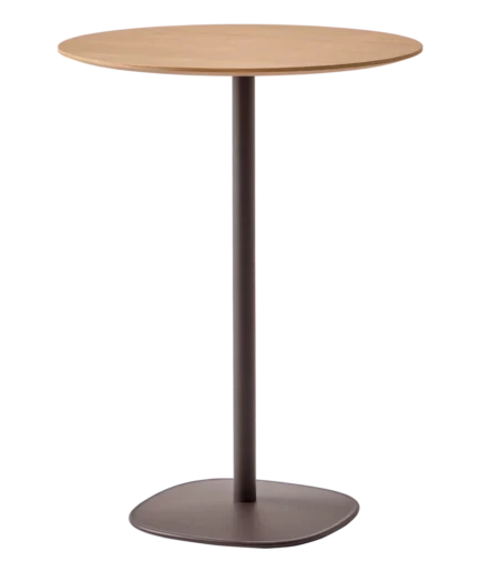 Base de mesa alta de aluminio 103 cm con plato 48x48 cm, columna central extruida y acabado microtexturizado en colores M1 y M2.