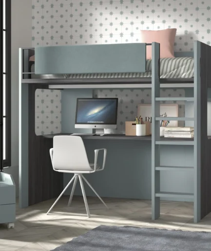 Litera juvenil moderna de madera y estructura metálica gris con cama superior e inferior, cajones de almacenamiento y estantería, en dormitorio contemporáneo.