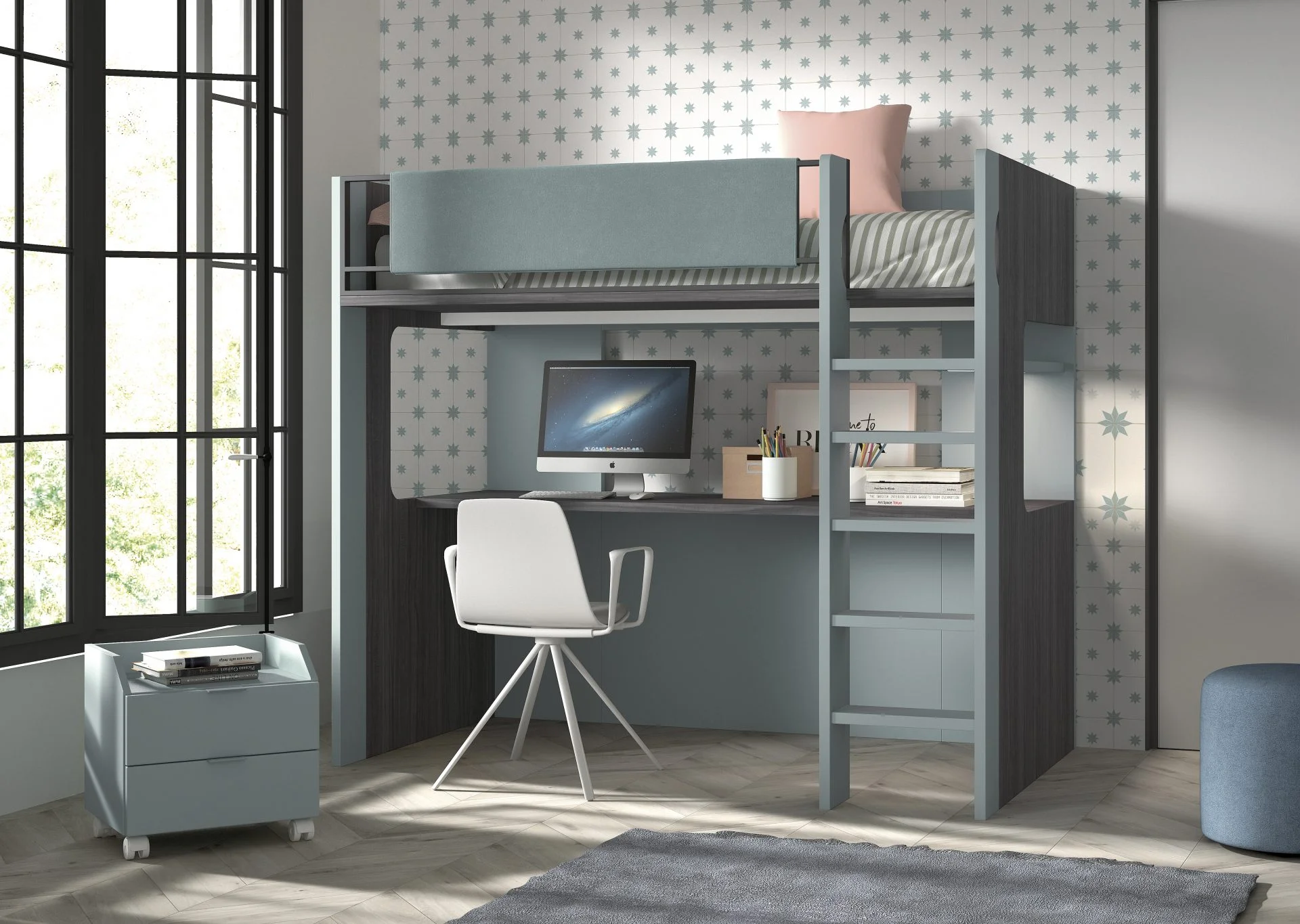 juvenil,moderno, metal Litera juvenil moderna de madera y estructura metálica gris con cama superior e inferior, cajones de almacenamiento y estantería, en dormitorio contemporáneo.