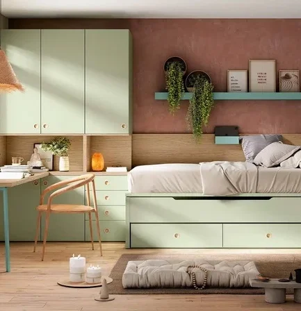 Cama compacta juvenil con cama nido y cajones, acompañada de armario con hueco abierto y decoración moderna personalizable.