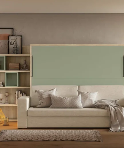 Cama abatible horizontal con sofá juvenil personalizable, disponible para colchón de 135 y 150, diseño moderno y funcional.