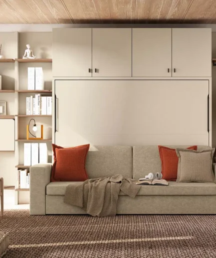 Cama abatible con sofá canapé y estanterías integradas, para colchón de 190x135, diseño modular personalizable.