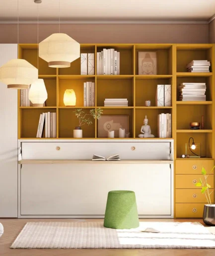 Cama abatible horizontal con escritorio integrado y estanterías superiores, personalizable en colores y medidas para dormitorio juvenil.