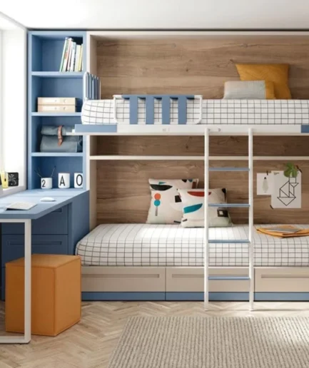 Cama abatible alta juvenil sin marco con cama inferior fija con cajones, zona de estudio integrada y escalera de seguridad en tonos Arena, Aqua y Loira.
