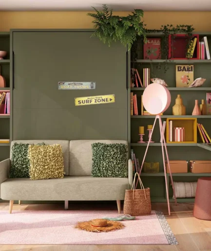 Cama abatible con sofá nórdico y escritorio integrado, para colchón de 190x135, diseño multifuncional y personalizable.