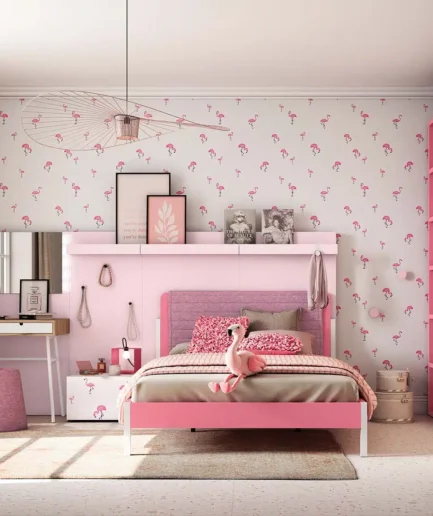 Dormitorio juvenil estilo cleangirl con cama canapé de 190×105, cabecero tapizado, bloques con cajones y armario personalizado.