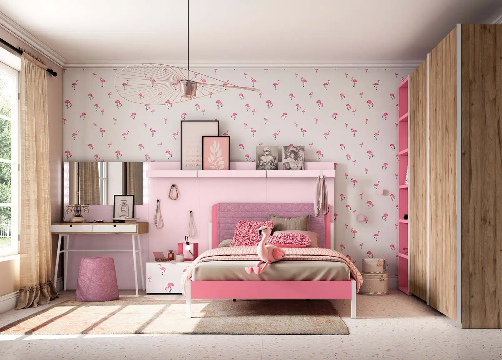 cama-de-135-rosa.jpg Dormitorio juvenil estilo cleangirl con cama canapé de 190×105, cabecero tapizado, bloques con cajones y armario personalizado.