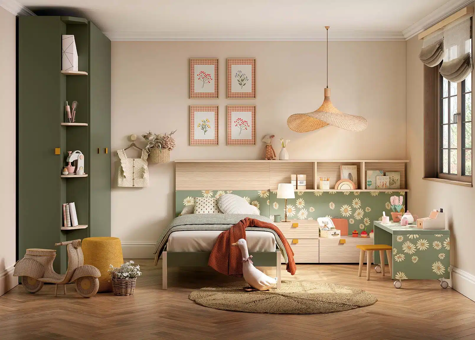 cama-juvenil-patas-metalicas-1.jpg Dormitorio juvenil con cabecero estampado CRAZY PRINT, mesita personalizada, armario con zapatero y decoración estilo cottagecore.