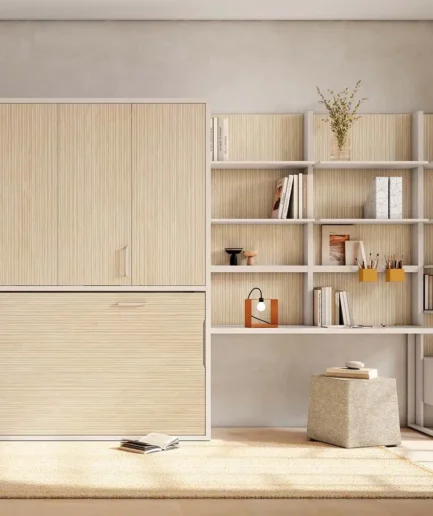 Cama abatible horizontal juvenil con estanterías superiores y armario de puertas batientes, ideal para habitaciones pequeñas y personalizable con luz LED, puerto USB y accesorios.