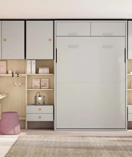 Habitación juvenil estilo Zen con cama abatible 190×135/190×150, estanterías integradas, escritorio, luz LED y espejo vertical con ruedas, completamente personalizable.