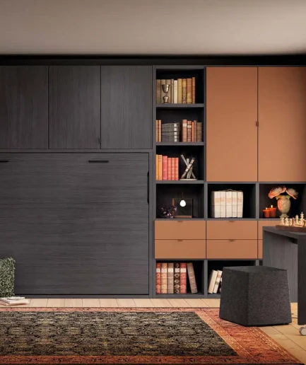 Cama abatible horizontal con armario de puertas correderas, escritorio y estanterías, personalizada para dormitorio juvenil gamer.