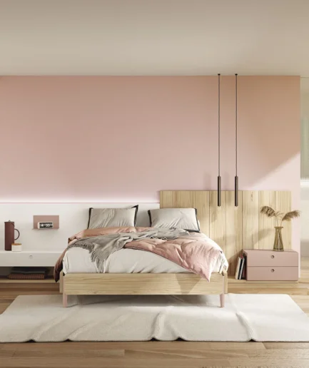 Dormitorio de matrimonio moderno con cabezal Olimpia y armario con zapatero integrado