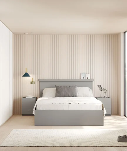 Dormitorio de matrimonio moderno con cabezal Bandeja metal, zapatero colgado y armario de puertas plegables