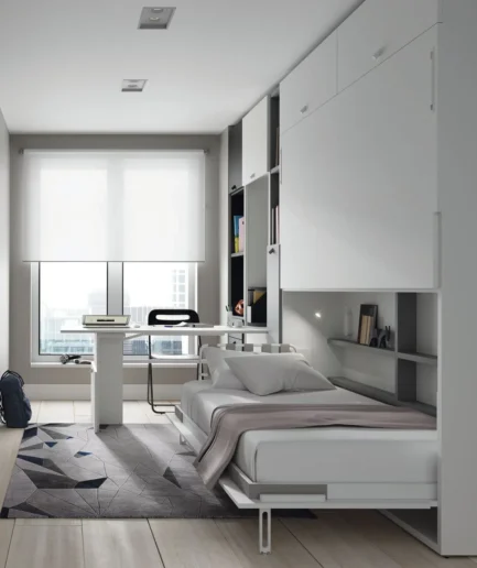 Dormitorio juvenil con literas abatibles Up&Down sin marco exterior, cama doble, mesa plegable Scam integrada y muebles en colores Humo, Vulcano y Blanco.