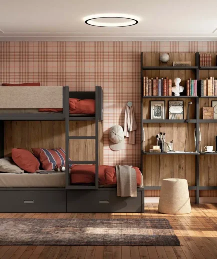 Litera juvenil con cajones, armario y escritorio abatible, personalizable, decorada en estilo Dark Academia con complementos a juego.