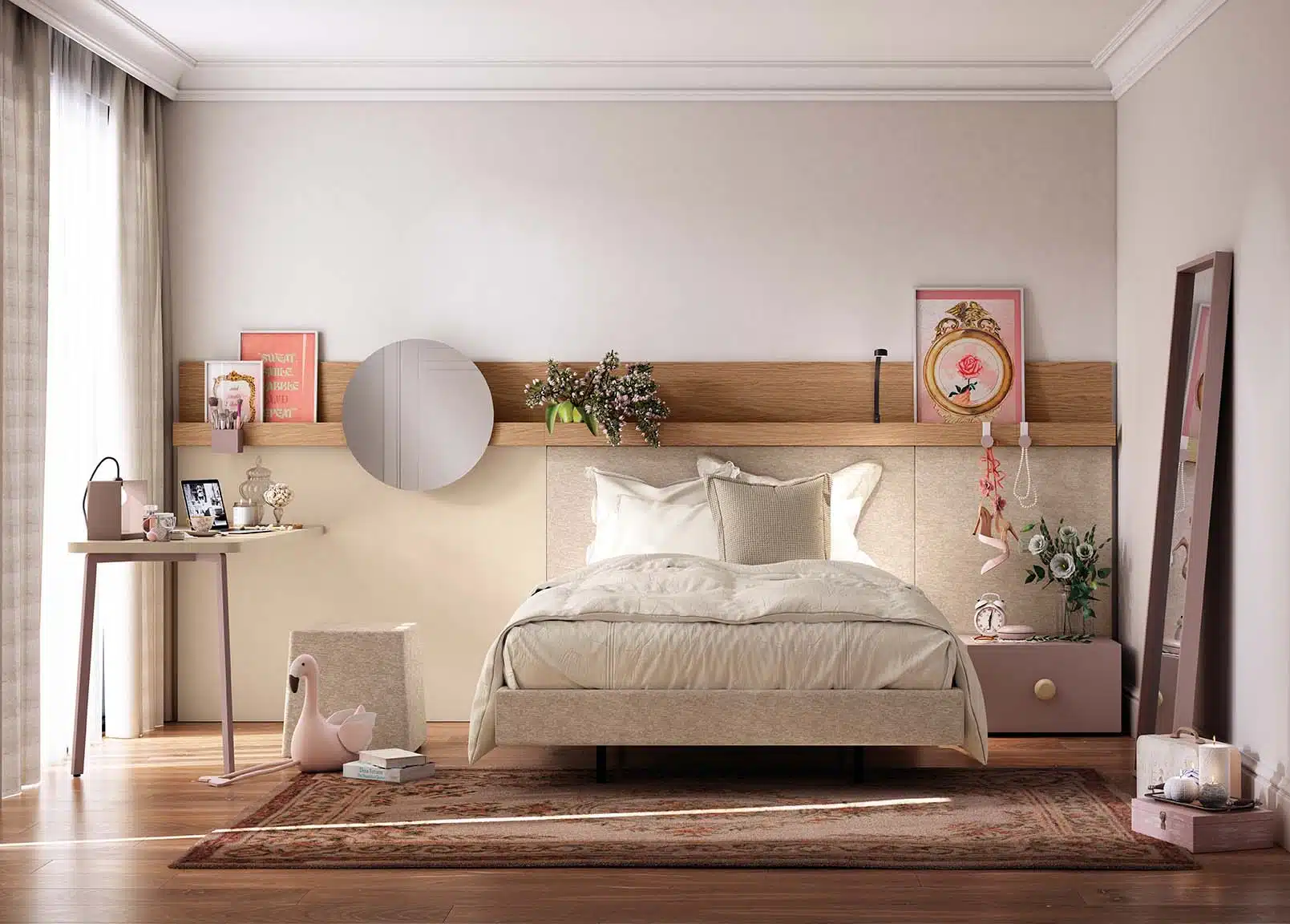 habitacion-para-clean-girl.jpg Cama juvenil tapizada de 135 con cabecero a juego, estantería y decoración estilo royalcore en dormitorio moderno.