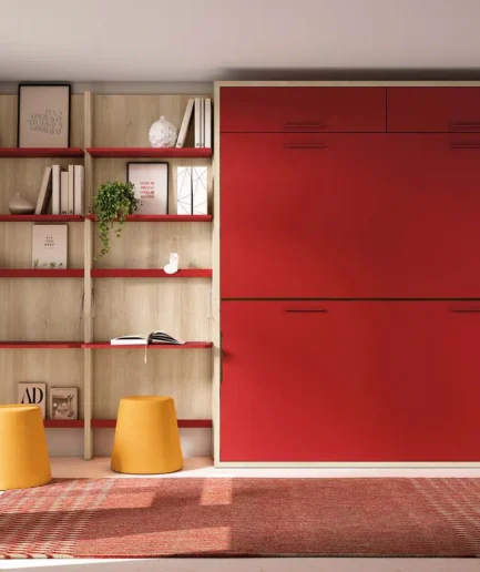 Litera abatible horizontal infantil con escritorio, estanterías, quitamiedos abatibles y opciones de luz LED y puertos USB, personalizable en colores y medidas.