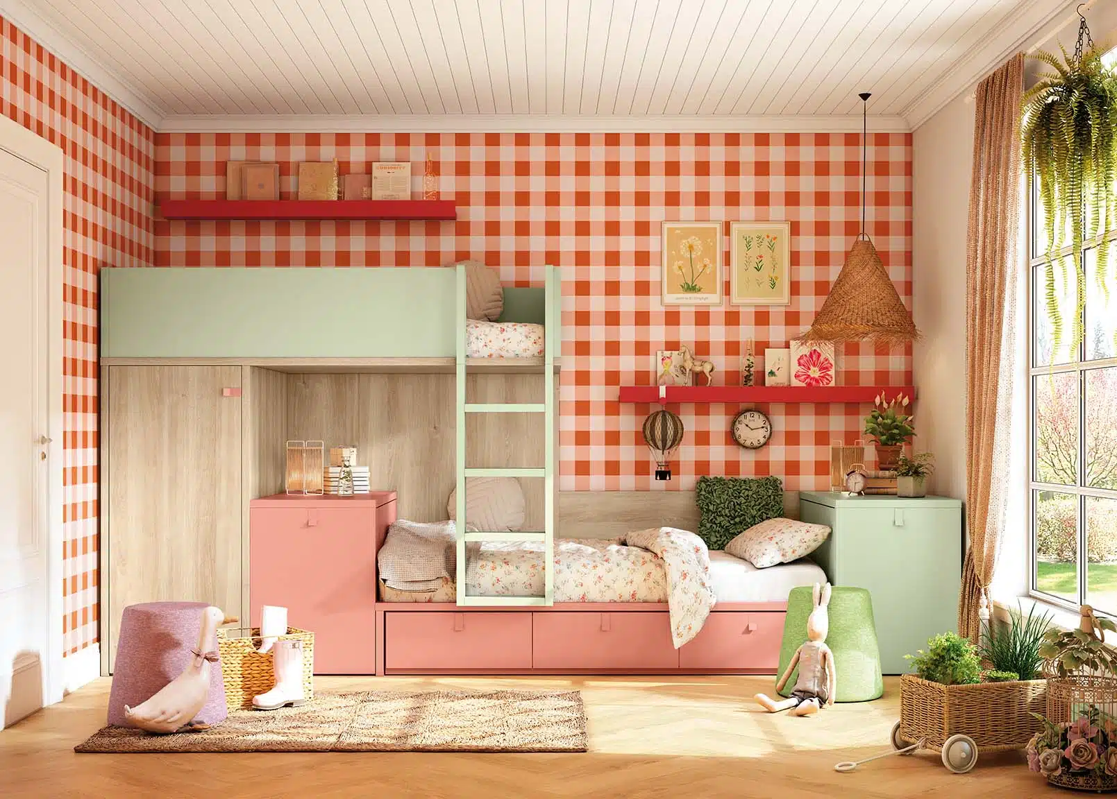 litera-con-armario-y-escritorio.jpg Litera juvenil estilo cottagecore con armario y dos escritorios extraíbles, ropa de cama Liberty, cojines FOFO y decoración de cuadros y papel de pared.