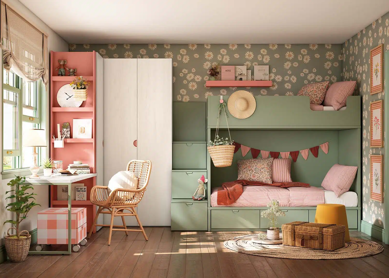 litera-con-cajones-escalera.jpg Litera juvenil estilo cottagecore con escalera de cajones, armario rincón y módulo con impresión digital Crazy Print en color rubí, con escritorio incorporado.