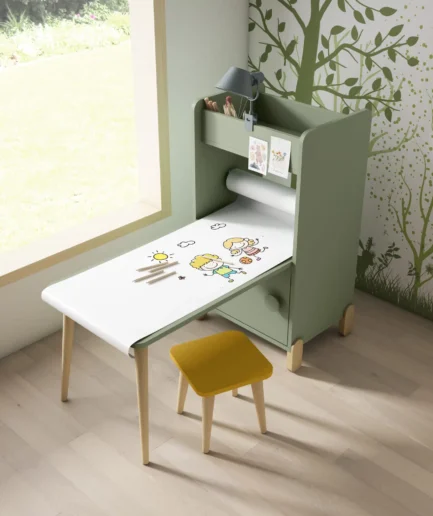 Mesa infantil para pintar con rollo de papel, estante integrado para lápices y diseño personalizable estilo Montessori