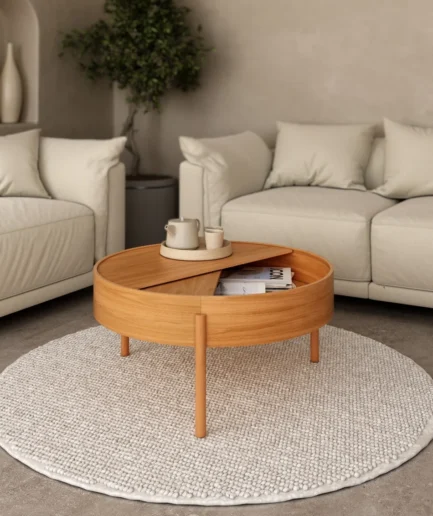 Mesa auxiliar redonda de 80 cm en madera de roble natural con espacio de almacenamiento integrado, estilo moderno.