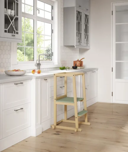 Torre de aprendizaje Montessori para cocina, personalizable en colores, segura y accesible para que los niños participen con autonomía