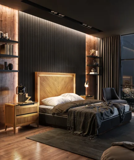 Dormitorio Tallín de madera maciza de pino con cabecero con luz integrada y mesillas de cajones acanalados en distintos acabados.