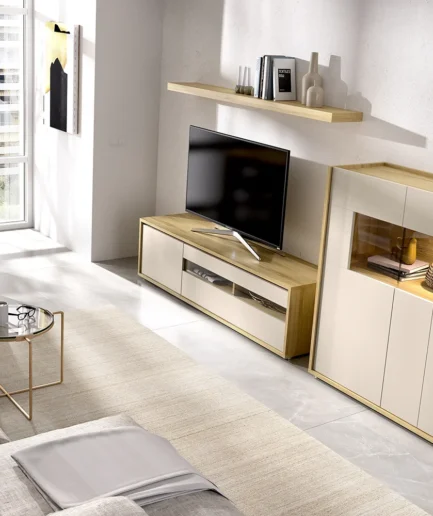 Composición de salón Duo 3 con mueble bajo de TV y vitrina con puertas de cristal, diseño moderno en melamina resistente.