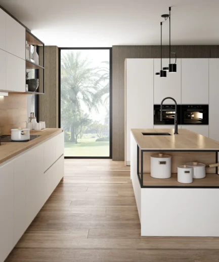 Cocina Detroit Blanco Alpino con acabado super mate, detalles en madera y estilo moderno adaptable a ambientes industriales y contemporáneos.
