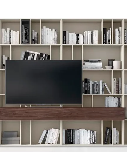 Mueble modular YOKO con estructura lacada, módulos con puertas, cajones y vitrinas, diseño adaptable con acabados en madera y metal.