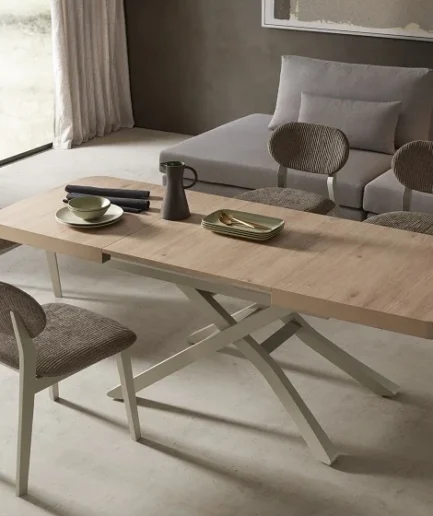 Mesa multifuncional elevable y extensible LONGWAY con pie de madera y tapa en melamina o chapa natural, ajustable en altura de 40 a 85 cm.