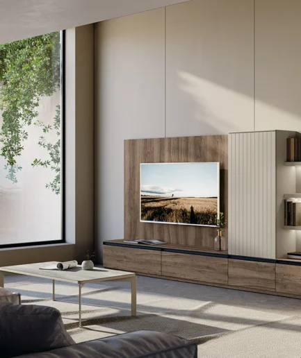 Mueble de salón modular Way 12 de Antaix en melamina con acabados Noce y Piedra, módulos con cajones, estantes y vitrinas con perfil de aluminio negro.