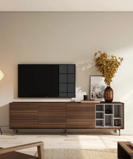 Mueble TV ROAN con dos puertas, dos cajones y estantes abiertos, 220 cm de ancho, diseño moderno personalizable.