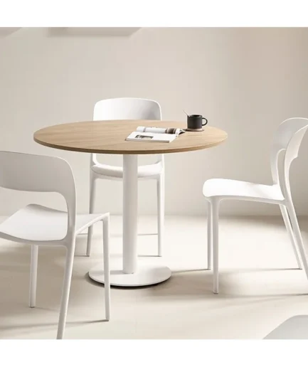 Mesa fija modelo Ronda con encimera de tablero laminado de alta densidad de 19 mm y patas de acero inoxidable o lacado, disponible en varios colores y acabados.