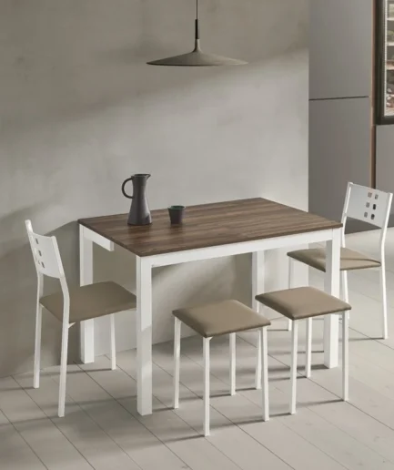 Mesa de cocina modelo Zara laminada con sistema de apertura frontal, encimera de 19 mm y estructura metálica o de madera con extensible integrado.
