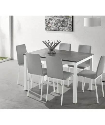 Mesa fija modelo Zulema con encimera laminada de alta resistencia, estructura de acero reforzado y patas metálicas en acabado aluminio o lacado.