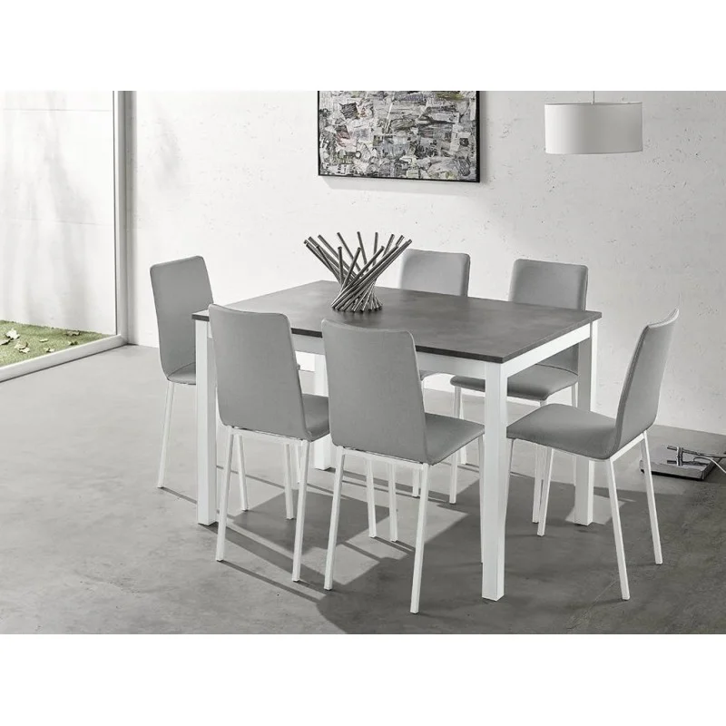mesa-zulema-laminado-fija Mesa fija modelo Zulema con encimera laminada de alta resistencia, estructura de acero reforzado y patas metálicas en acabado aluminio o lacado.
