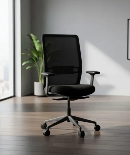 Silla de oficina Evos giratoria con respaldo alto de malla 3D, soporte lumbar regulable y base negra con ruedas.