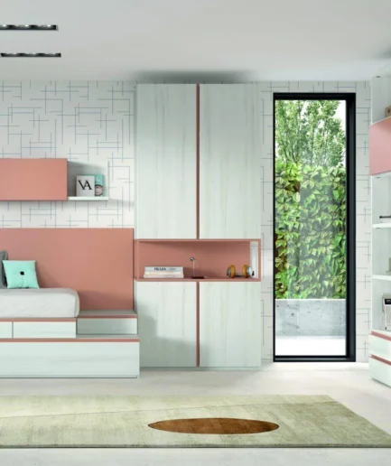 Dormitorio juvenil AD-52 de Glicerio Chaves con cama nido de 90x190 cm, armario de dos puertas con iluminación LED, cajones inferiores, estanterías y módulos de almacenaje en acabados Iseo y Tiza.