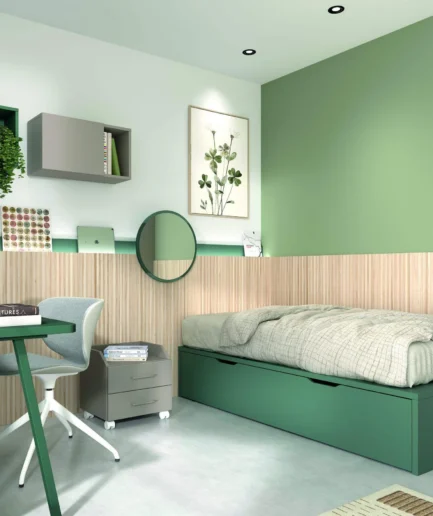 Dormitorio juvenil AD-61 de Glicerio Chaves con cama nido, escritorio con estantería y armario modular en acabado Ámbar, Alpinno y Piedra. Composición moderna en melamina de alta calidad con soluciones de almacenaje y estudio.