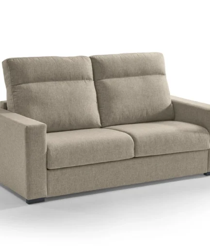 Sofá cama Crono Express de líneas rectas y diseño minimalista, con colchón de 15 cm y cama de 140 × 190 cm, disponible en tejidos Malmo 08 Visión y Malmo 90 Gris.
