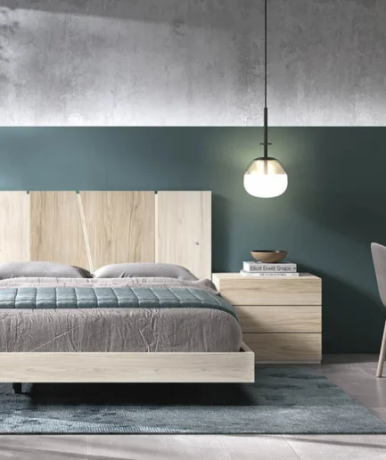 Dormitorio de matrimonio Wanda con cabecero moderno, mesillas de noche y bancada volada en acabado laminado.