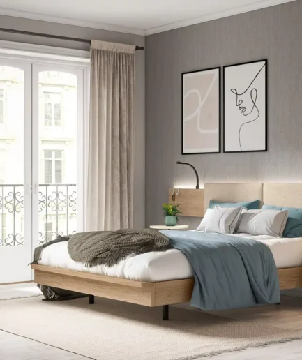 Dormitorio moderno con cabecero Minimal en acabado claro, acompañado de dos respaldos acolchados para mayor comodidad. El conjunto incluye iluminación LED, muebles coordinados y una decoración contemporánea con acabados combinados de la colección ReLoveution.