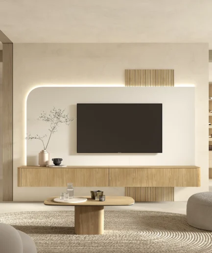 Composición modular de salón de gran formato con módulos de almacenamiento y paneles decorativos en diferentes acabados.