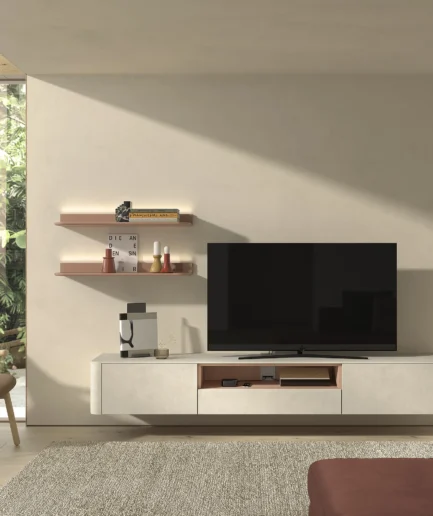 Composición modular de salón Kazzano B002 con módulos de almacenamiento y diseño contemporáneo para optimizar el espacio.