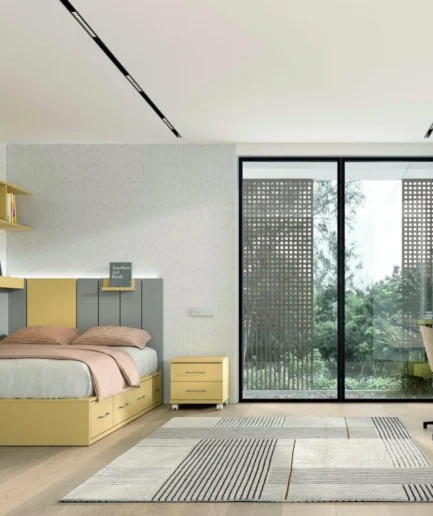 Dormitorio juvenil AD-51 de Glicerio Chaves con cama compacta de 135 × 190 cm, armario de tres puertas, cabecero con LED, estanterías y módulos de almacenamiento en acabado de melamina.