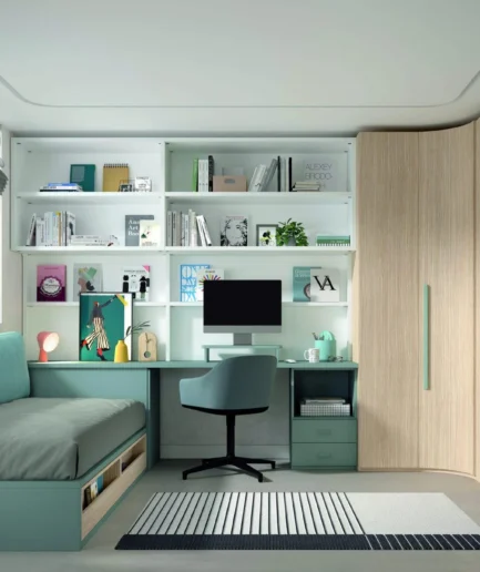 Dormitorio juvenil con cama compacta de dos cajones, armario de rincón con terminal zapatero, escritorio con librería y cajonera, en acabado Nomad y Blanco con cojines de respaldo tapizados.